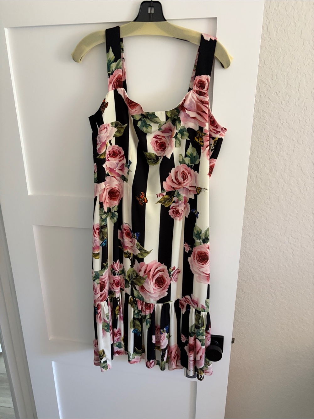 Dolce and Gabbana Floral Rose Stripe Tank Dress - Pink, Black & Cream